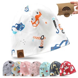 fenchi's AUSTRIA Children's Beanie Hat with Cute Motifs and Gift Packaging, Rainbow Leather Label, Cotton, White_Construction Site