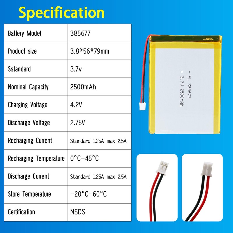 Qimoo 385677 3.7V Lipo Battery 2500mAh 3856777 Rechargeable Lithium Polymer