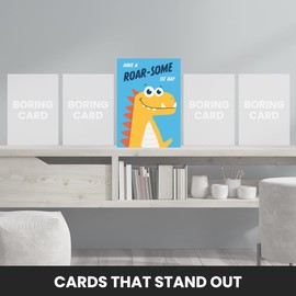 Dinosaur First Day at School Card - Enjoy a Roar-Some 1st Day at Nursery Card for Boys - Say Good Luck with this Blue and Yellow Greetings Cards for Son, Grandson