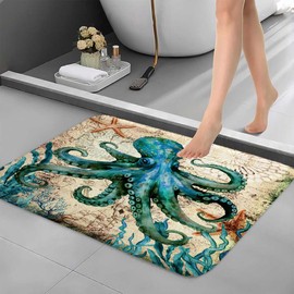 Boziqr Vintage Nautical Octopus Bathroom Rugs Retro Ocean Beach Bath Mat Water Absorbent Non Slip Shower Mat Memory Foam Bath Rugs for Bathroom Decor 29×17 Inch