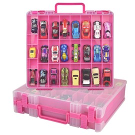Toy Car Storage Organizer Case Compatible with Hot Wheels/for Matchbox Cars. Display Carrying Container Holder for LOL Surprise Dolls/for Shopkins with 48 Compartments Double Sided -Pink (Box Only)