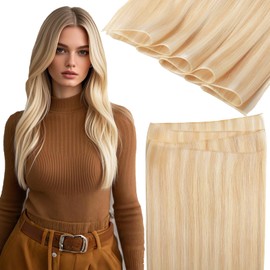 Lacer Sew in Genius Weft Real Human Hair Extensions 22inch One Piece Invisible Weft Hair Extensions Human Hair Dark Ash Blonde Mixed Platinum Blonde Sew in Bundles Human Hair 60g