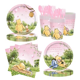 DAYIMG 175PCS Pink Winnie Baby Shower Decorations Pooh Paper Plates and Napkins Cups Girls Birthday Party Supplies Tableware Dinnerware Set (25 Guest)