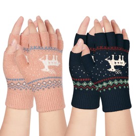 Kiiwah 2 Pairs of Fingerless Gloves, Winter Knitted Half Finger Gloves, Arm Warmers, Finger Gloves, Without Fingertips, Knitted Gloves, Pink, black