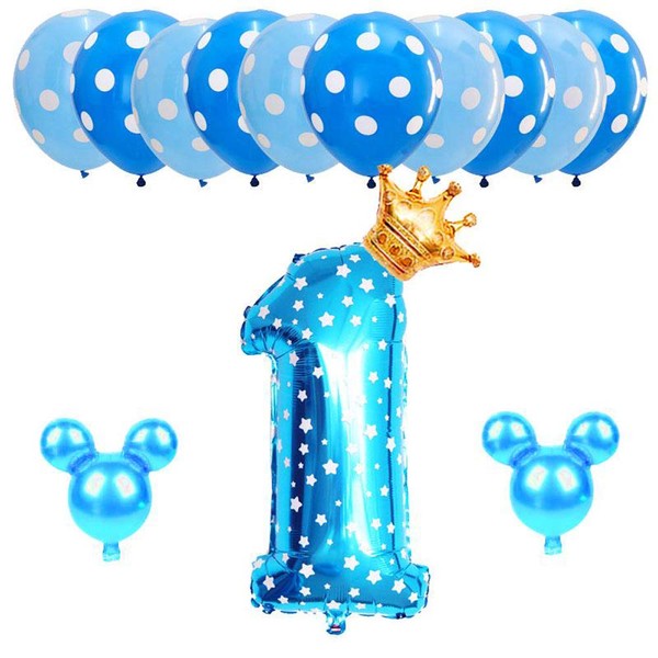 Hongkai Blue Mouse Crown Theme 1st Birthday Boy Decorations Baby First Birthday Party Supplies Blue One Happy Birthday Banner 32inch Number 1 Mylar Balloons Set