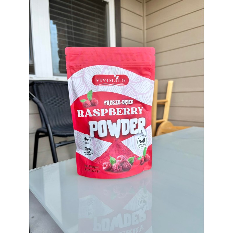 Raspberry Powder 8 Oz, Freeze Dried, Vivolius, No Sugar added,