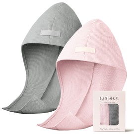 ROLSHOL 2 Pack Microfiber Hair Towel Wrap for Women, 32" x 11" Waffle Weave Hair Plopping Towel for Curly, Long & Thick Hair, Anti-Frizz Hair Turbans for Wet Hair (Pink, Grey)