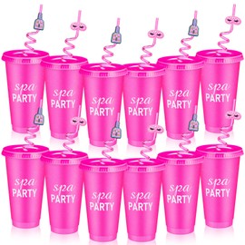 Skylety 12 Pcs Hot Pink Spa Party Cups with Lids and Straws 24 oz Plastic Glitter Drinking Cups Reusable Travel Mug Tumbler for Spa Sleepover Smoothie Juice Birthday Party Supplies