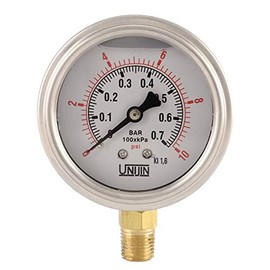 Unijin P251 Series 2.5" Dial, Oil Filled Pressure Gauge w/ Brass Internals, 0-10 PSI/kPa, Â±1.6% Accuracy, 1/4" NPT, Bottom Mount