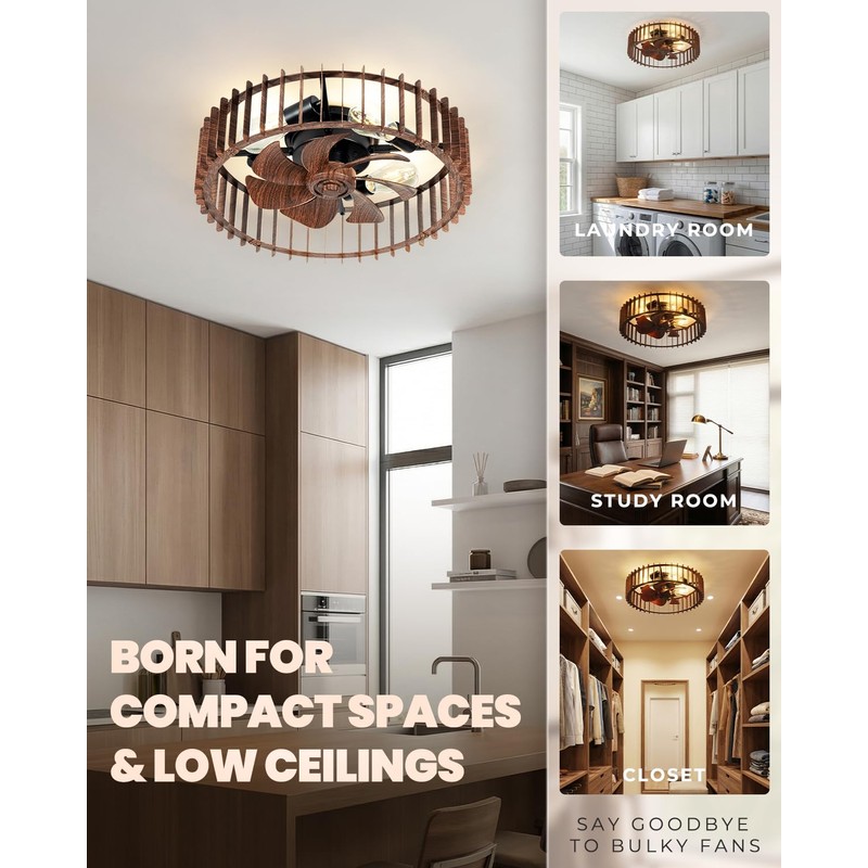 Yituplyee Flush Mount Ceiling Fans with Lights and Remote,Wood Caged