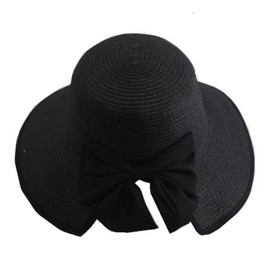 Straw Sun Hat Foldable Packable Wide Brim Summer Beach Hat Crochet Hat with Bowknot for Women Girls, A-black, One Size
