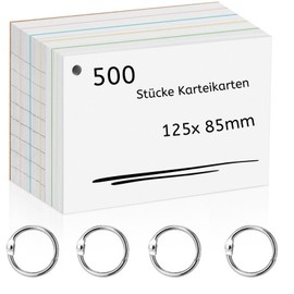 Agoer Pack of 500 Index Cards, Double-Sided Print Lined Index Cards (125 x 85 mm) with Kraft Cover and Loose Leaf Ring, Flashcards, White, Revision Cards, Vocabulary Cards for On the Go Vocabulary