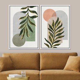 SIGNFORD Framed Canvas Print Wall Art Set Jungle Palm Leaf Geometric Polygons Abstract Shapes Illustration Modern Art Decorative Nordic Nature for Living Room, Bedroom, Office - 24"x36"x2 White