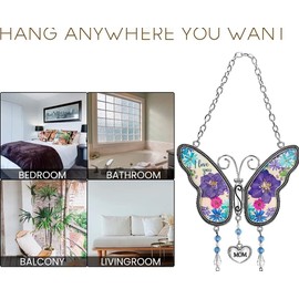 Auch Gifts for Mom Hanging Butterfly with Real Flowers Wind Chime Butterfly Gift for Mom Unique Birthday Gifts for Mom Butterfly for Wall Window Room Garden Yard Grandma Gifts (Butterfly)