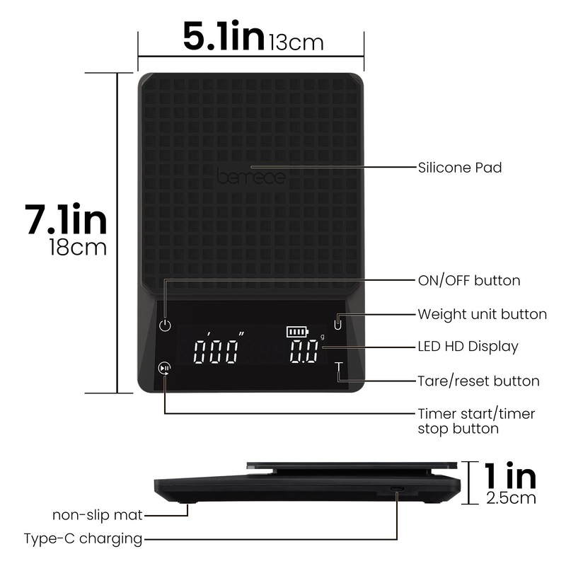 Bemece Digital Coffee Scales with Timer,0.1g/3KG High Precision Kitchen Scale