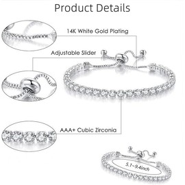 Aucuu 925 Sterling Silver Bracelet Adjustable Hand Chain Zirconia Bracelet, Adjustable Slider Bracelets Wedding Bridal Jewellery for Women Girls, Gifts for Birthday Valentine's Day