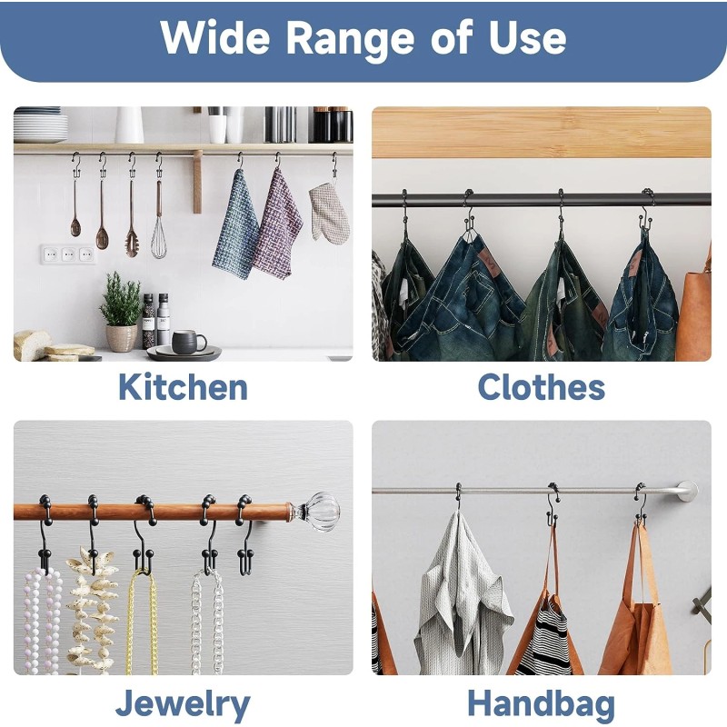 Titanker Black Shower Curtain Hooks Rings, Rust-Resistant Metal Double Glide