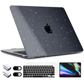 TWOLSKOO for MacBook Air 13 Inch Case 2021-2018 Release M1 A2337 A2179 A1932 Touch ID, Glitter Sparkly Plastic Hard Shell Case with Keyboard Cover & Type C Adapter 2 Pack & Camera Cover, Bling Black