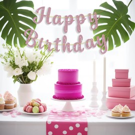 Pink Happy Birthday Banner Garlands Pre-Strung Glitter Pink Happy Birthday Sign for Women Girls Birthdays Party Backdrop Decor