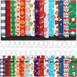 Hicarer 30 Pieces Christmas Lipstick Holder Keychain with Wristlet Keychain Lanyard Set Xmas Neoprene Lipstick Holder Keychains Protective Cases Portable Lip Balm Holder Sleeve Pouch for Women Travel