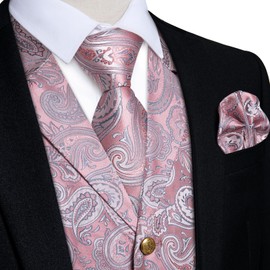 DiBanGu Pink Mens Vest Tie Set Formal Waistcoat Paisley Floral Jacquard Necktie Pocket Square Men's V-Neck Suit Vests Wedding Party