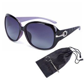 OYMI Women's Latest Style Oversized Polarised Sunglasses 100% UV Protection Set with Rhinestones (Purple Frame Grey Lens)