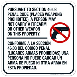 Sigo Signs, Firearms Or Other Weapons Prohibited Bilingual Sign, 18x18 Inches, 55 mil Thick HDPE (high Density polyethylene), Made in USA