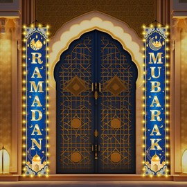GERMISHUYS Ramadan Mubarak Banner with Light, Ramadan Mubarak Decorations Lighted Front Door Banner Eid Moon Decoration, Ramadan Eid Mubarak Party Supplies, Blue
