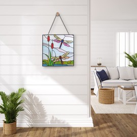 WANFSOWO Dragonfly Stained Glass Window Hanging, Dragonfly Suncatcher Panel with Metal Chain for Wall or Windows, Great Gifts for Mom Grandma Friend(Rectangular 8 * 8 Inches)