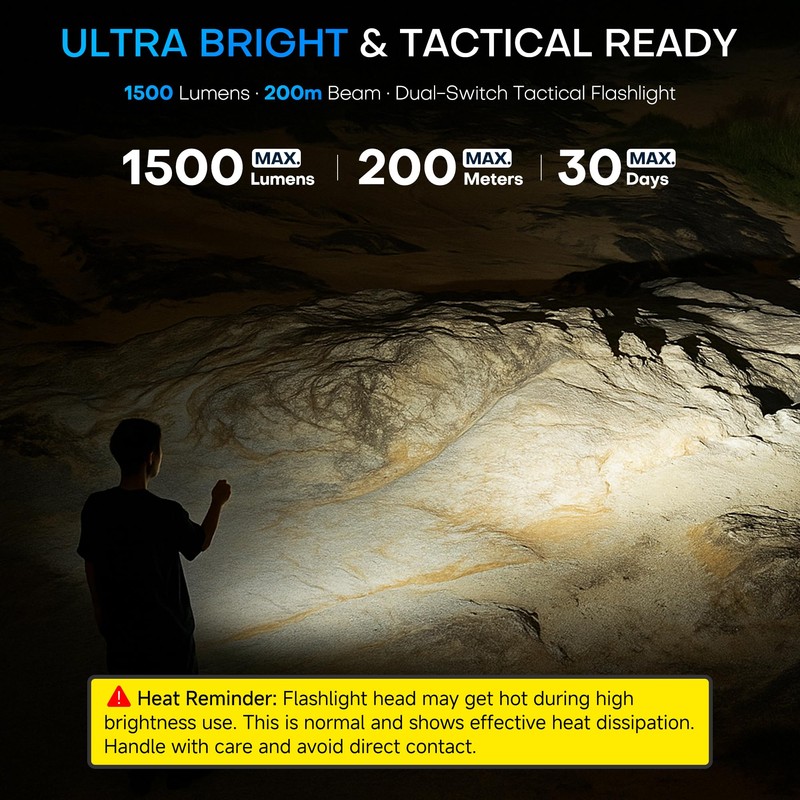 EDC Tactical Flashlight,1500 Lumen Flat Flashlights Rechargeable,Dual-Switches LED Small Flashlight