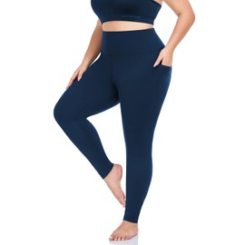 MOREFEEL Plus Size Leggings for Women with Pockets-Stretchy X-5XL Tummy Control High Waist Womens Leggings Workout Navy Blue Yoga Pants