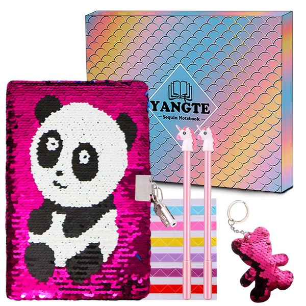 YANGTE Sequin Notebook Girls Secret Diary with Lock, lockable JournaL and Pens Writing Stationery Set with Sequin Keychain Gift for Girls Kids Birthday Christmas - Panda