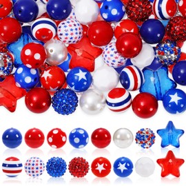 Whaline Juego de 50 abalorio patrióticas de 20 mm, 16 estilos redondos de estrellas, juego de abalorio espaciadoras rojas y azules y blancas, abalorio gruesas, abalorio de plástico jumbo para el 4 de julio, bricolaje, joyería, suministros de manualidades