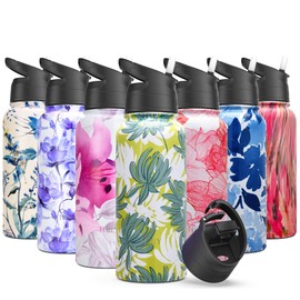 Insulated Stainless Steel Water Bottle - THILY Triple Insulated 32oz Leakproof Wide Mouth Water Bottle with 2 Lids and Straws for Gym Travel Hiking Green Chrysanthemum