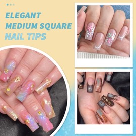 Venares Square Nail Tips Short 120 Pieces Full Cover Nail Tips Short 12 Size Soft Gel Tips for Gel Nails, Nail Tips Short with Glue Files Nail Buffer Cuticle Pusher, Press On Nail Tips Square