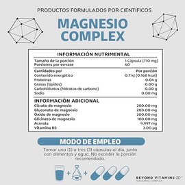Beyond Vitamins | Magnesio Complex | CON 4 MAGNESIOS: Citrato, Glicinato, Gluconato y Óxido de Magnesio| 710 mg Puro por Cápsula | Suplemento Alimenti
