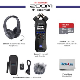 Zoom H1essential Stereo Recorder with 32-Bit Float, USB Microphone, Bundle with Zoom Accessory Pack for H1essential, Over-Ear Stereo Headphones, 32GB microSD Card