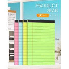 Colored Legal Pads 5x8, 4 Pack, Lined Note Pads 5x8 College Ruled, Note Paper 5x8, Pink Notebook Paper 5x8 Colored Notepads, Pink Legal Pads 5x8 Lined Paper, 80 GSM Pastel Pads of Paper, 30 Sheets/Pad