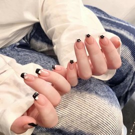 GORS Spring Summer Black & White French Tips Press on Nails - Medium Flowers & Hearts Fake Nails Glue on Nails,Full Cover Stick on Nails False Nails,Acrylic Nails Artificial Nails for Women 24Pcs/Set