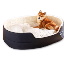 SEOUGEE Dog Bed Medium Washable - Plush Calming Round Pet Bed for Indoor Small Dogs & Cats | Soft Cosy Reversible Cushion | Anti-Anxiety | Non-Slip Bottom | Kitten Puppy Bed (L, Navy Blue & White)