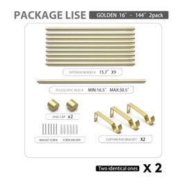 Curtain Rods Modern Minimalist Style,3/4 Inch Diameter Adjustable Curtain Rods for Windows, 16-144", Gold, 2 Pack