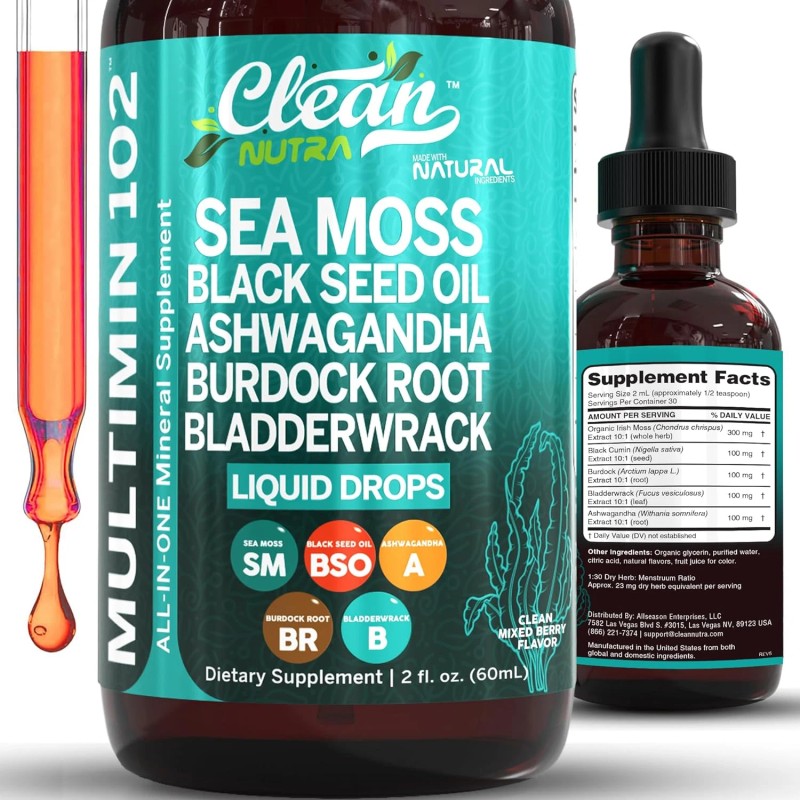 Clean Nutra Organic Sea Moss Drops with Black Seed, Ashwagandha