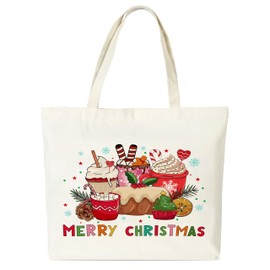 seclate Christmas Canvas Tote Bags for Women, 13.8x16.5 Reusable Grocery Shopping Bag, Aesthetic Merry Christmas Tote Bag, Xmas New Year Gifts Party Decor-L03