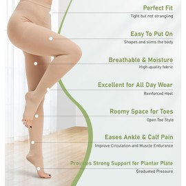 KEKING Medical Compression Pantyhose for Women & Men, Comfort 20-30 mmHg Graduated Compression Support Stockings, Open Toe Compression Tights for Varicose Veins, Edema, Flight, Beige S