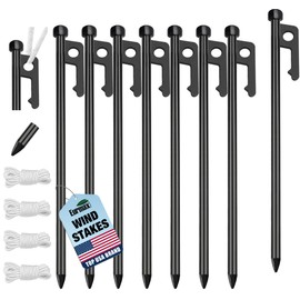 Eurmax USA 10 inch Multiuse Heavy Duty Steel Tent Stakes Tarp Pegs Camping Stakes for Outdoor Camping Canopy and tarp with 4 Ropes 10FT Length,8pcs(Black)