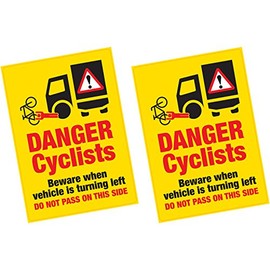 2 x Danger Cyclists Beware When Vehicle Turning Left Vinyl Sticker HGV Lorry Van