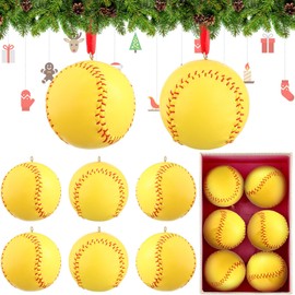 Newwiee 6 Pcs Softball Christmas Ornament Bulk Sports Decorations for Christmas Tree Decorative Hanging Faux Leather Baseball Ornament with Red Ribbon for Women Ladies Gift