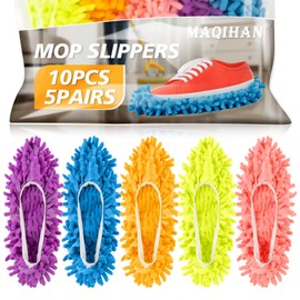 MAQIHAN 10 Mop Slippers for Floor Cleaning - Mop Socks Women Mopping Cleaning Socks Feet Foot Mopping Slippers Dusting Slippers Dust Mopping Shoes Washable Microfiber Moppers Slippers (5 Pairs)