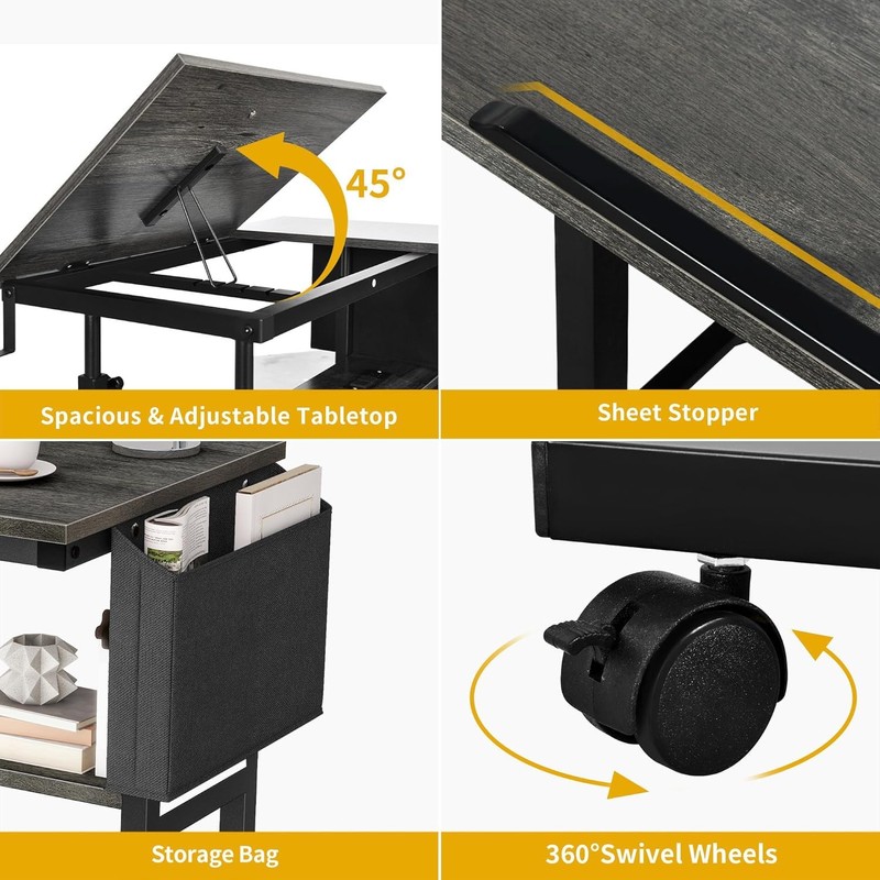 DWVO Height Adjustable Drawing Desk with Charging Station & Wheels,