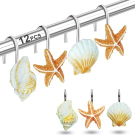 12 ganchos para cortina de ducha para baño, diseño de playa de océano, decoración del hogar, ganchos para cortina de ducha (concha: café claro, estrella de mar: bronceado, caracoa: café claro)
